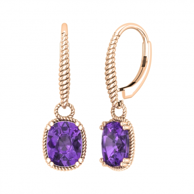 9x7mm Rectangular Cushion Amethyst Twisted Rope Edge Dangle Drop Lever Back Earrings for Her in 18K Rose Gold