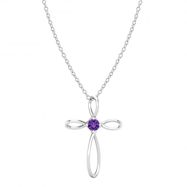 4mm Round Natural Amethyst Solitaire Twisted Criss Cross Crucifix Pendant with 18 inch Silver Chain for Women in 925 Sterling Silver