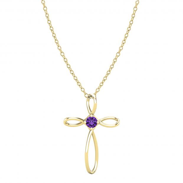 4mm Round Natural Amethyst Solitaire Twisted Criss Cross Crucifix Pendant with 18 inch Gold Chain for Women in 14K Yellow Gold