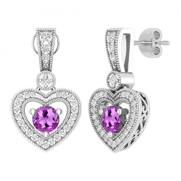 4.5mm Round Amethyst & White Diamond Filigree Groove Sides Heart Shape Milgrain Edged Drop Stud Earrings for Women in 925 Sterling Silver in Push Back