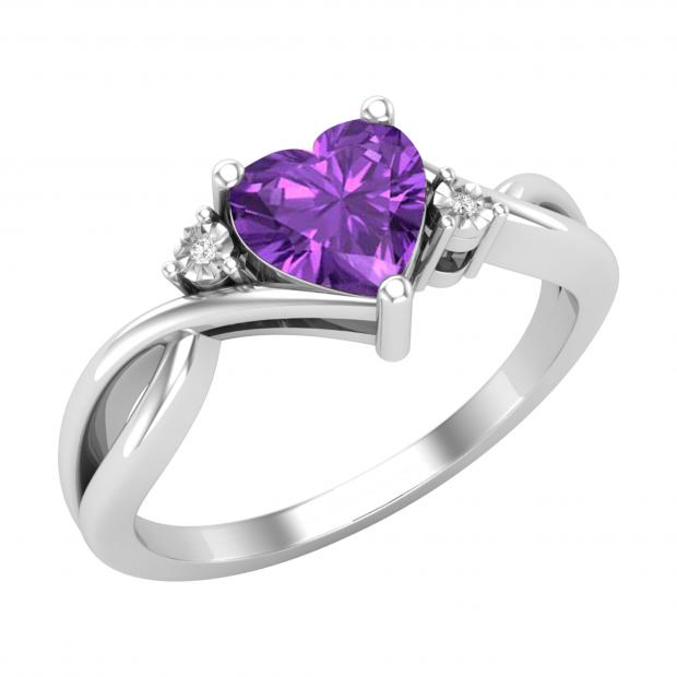 6mm Heart Shape Amethyst & Accent Round White Diamond Twisted Shank Promise Ring for Women in 18K White Gold