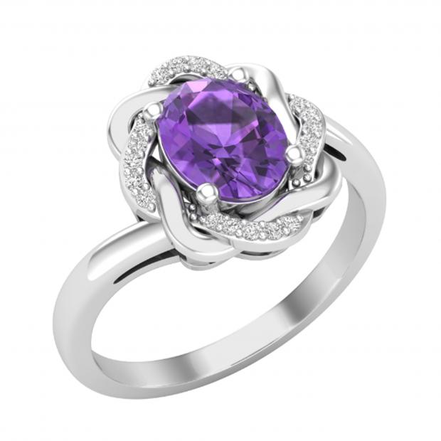 8X6mm Oval Amethyst & Round White Diamond Criss Cross & Entangled Engagement Ring for Women (Diamond 0.08 ctw, Color I-J, Clarity I2-I3) in 10K White Gold