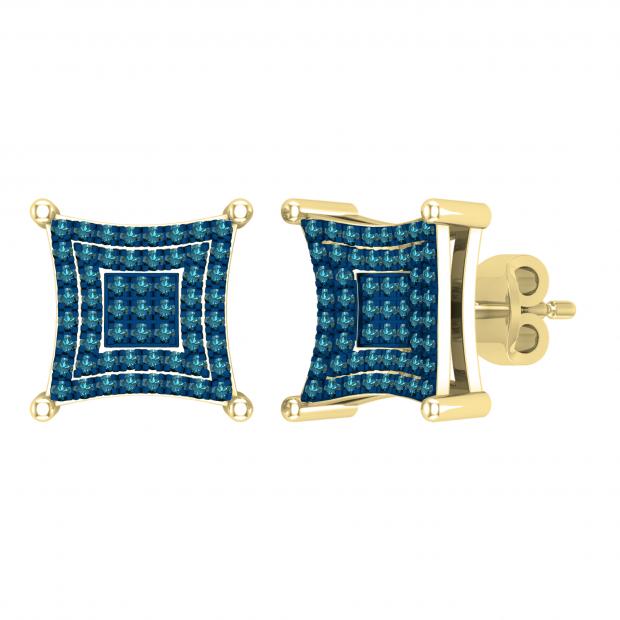 0.24 Carat Round Blue Diamond Composite Concave Square Stud Earrings for Women in 10K Yellow Gold in Push Back