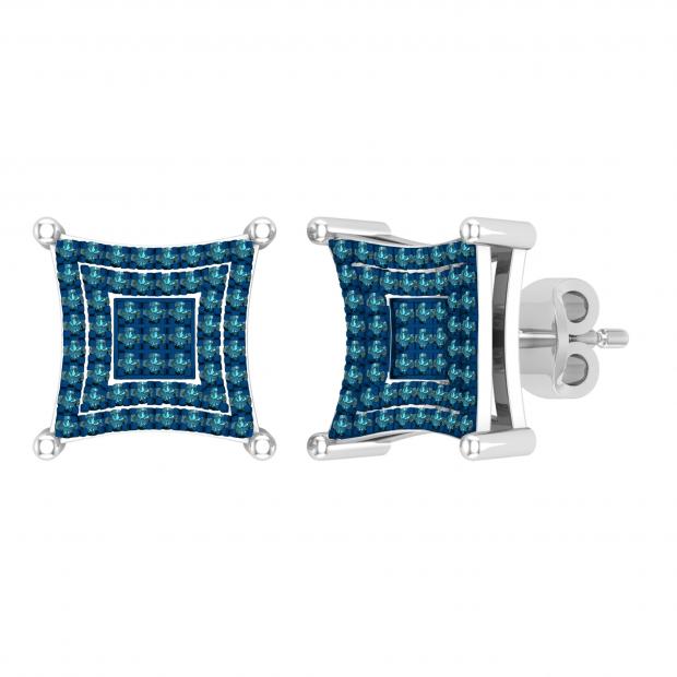 0.24 Carat Round Blue Diamond Composite Concave Square Stud Earrings for Women in 925 Sterling Silver in Push Back
