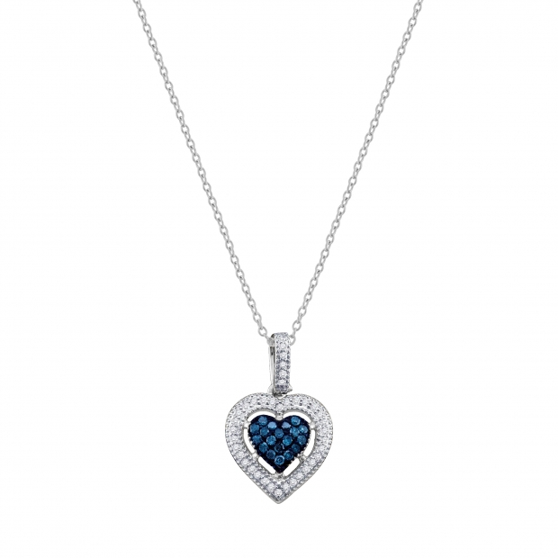 0.22 Carat (Cttw) Round Blue & White Diamond Halo Heart Miligrain Pendant Necklace with 18 inch Gold Chain for Women in 10K White Gold