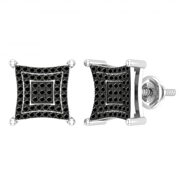 0.24 Carat Round Black Diamond Composite Concave Square Stud Earrings for Women in 10K White Gold in Screw Back
