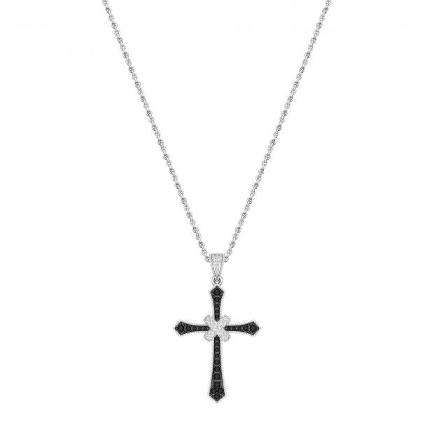 0.23 Carat (ctw) Round Black & White Diamond Cross Hip Hop Unisex Pendant with 18 inch Gold Chain in 10K White Gold