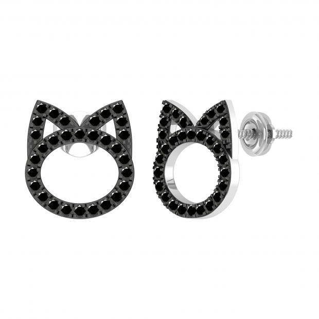 0.50 Carat (ctw) Round Black Diamond Minimalistic Kitten Stud Earrings for Women in 10K White Gold in Screw Back