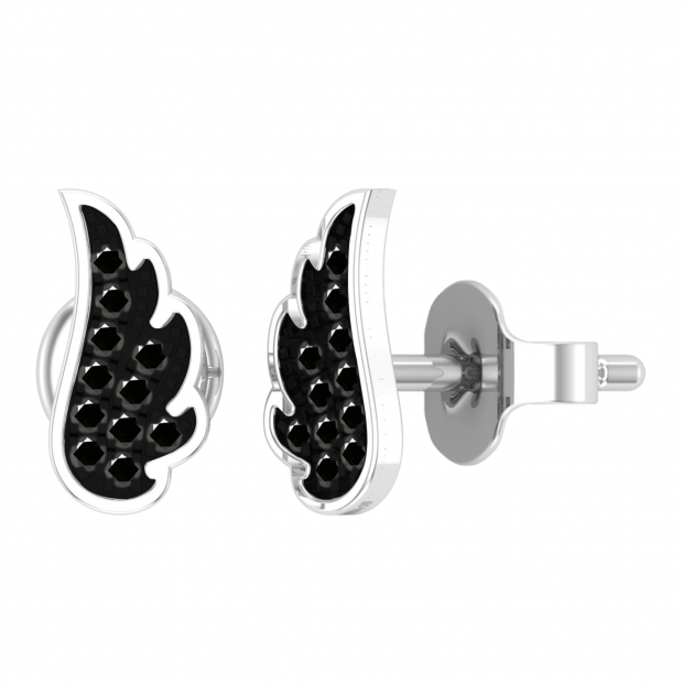 Round Black Diamond Angel Wing Stud Earrings for Women (0.06 ctw, Color Black, Clarity Opaque) in 10K White Gold in Push Back