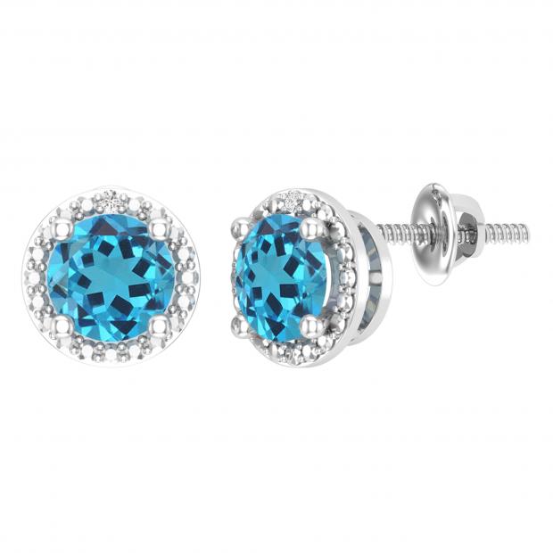 6mm Each Round Blue Topaz & Accent White Diamond 4 Prong Halo Stud Earrings in 10K White Gold in Screw Back