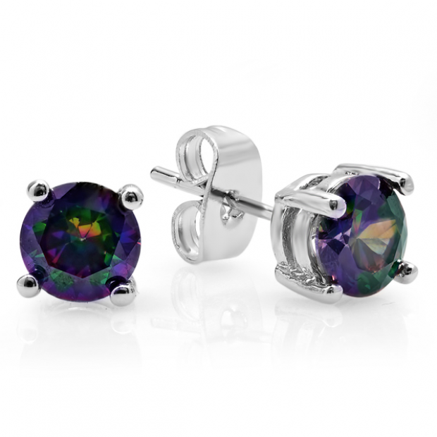 6mm Real Natural Genuine Round Rainbow Topaz Basket Setting Studs Earrings