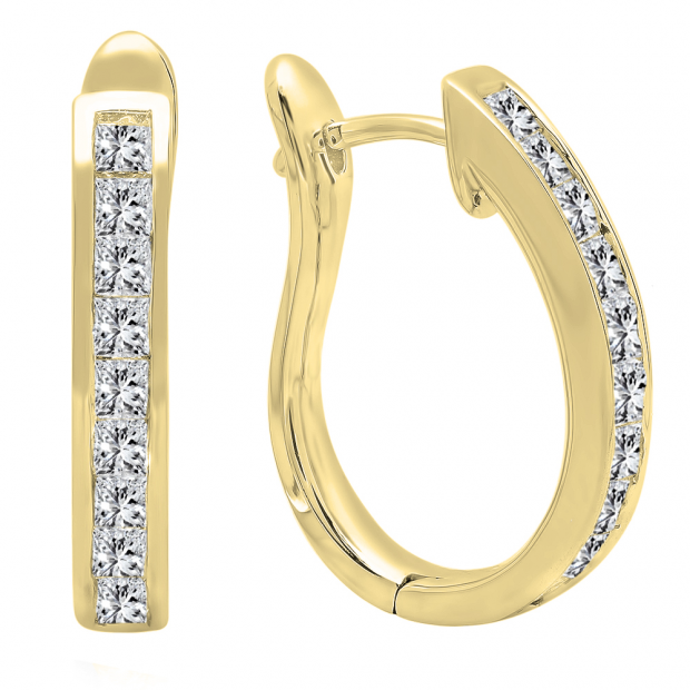 1.00 Carat (ctw) 10K Yellow Gold Princess Cut Diamond Ladies Hoop Earrings 1 CT