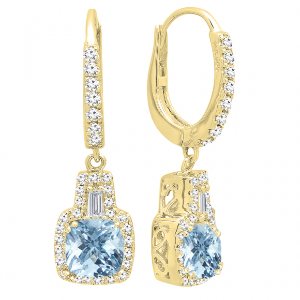 18K Yellow Gold 5 MM Each Cushion Cut Aquamarine & Tapered & Round White Diamond Ladies Dangling Earrings