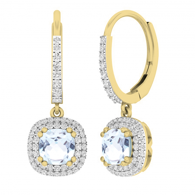 18K Yellow Gold 6 MM Each Cushion Cut Aquamarine & Round White Diamond Ladies Halo Dangling Earrings
