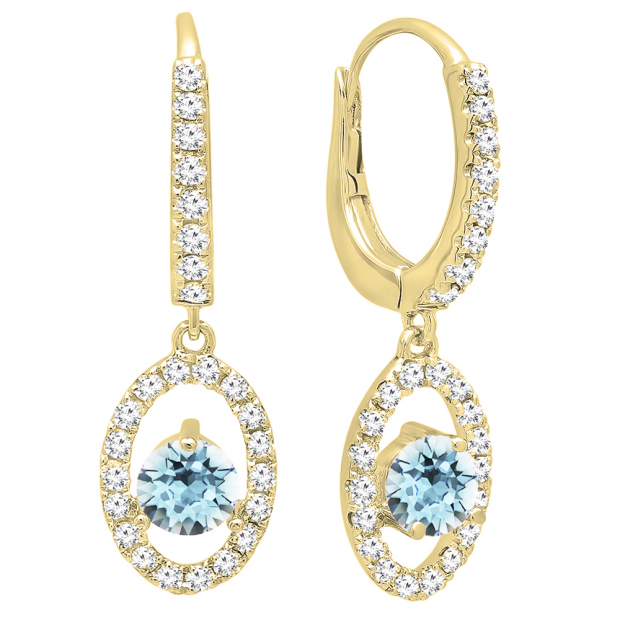 10K Yellow Gold 4.5 MM Each Round Cut Aquamarine & White Diamond Ladies Halo Dangling Drop Earrings