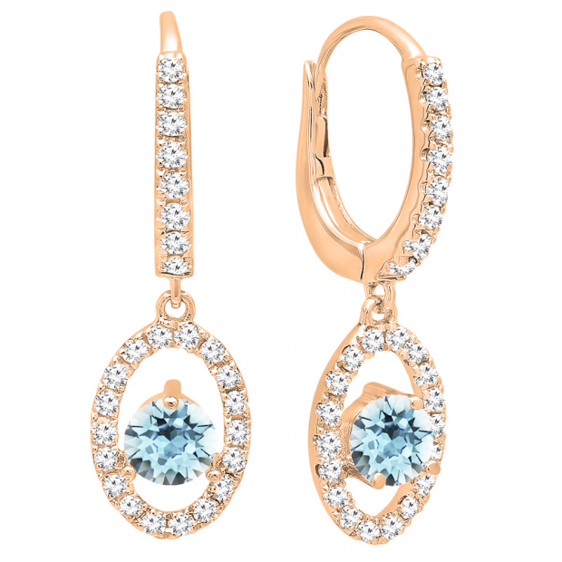 18K Rose Gold 4.5 MM Each Round Cut Aquamarine & White Diamond Ladies Halo Dangling Drop Earrings