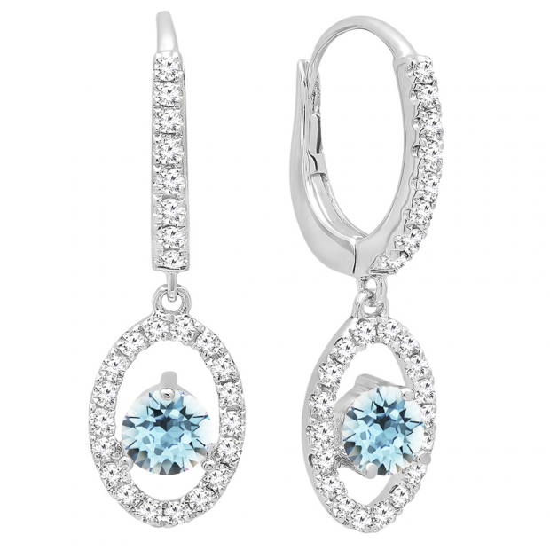 18K White Gold 4.5 MM Each Round Cut Aquamarine & White Diamond Ladies Halo Dangling Drop Earrings