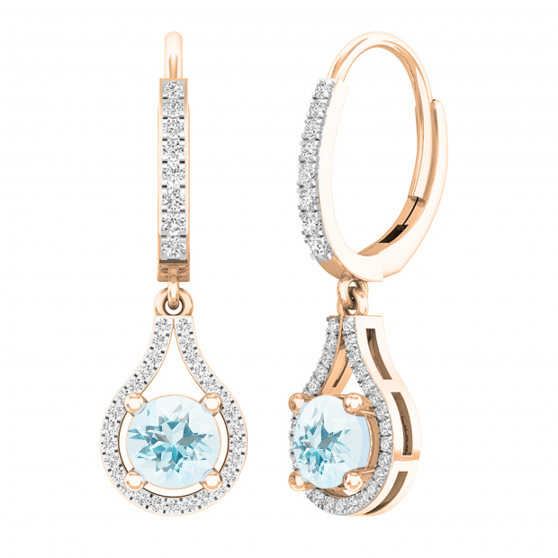 14K Rose Gold 5.5 MM Each Round Cut Aquamarine & White Diamond Ladies Dangling Drop Earrings