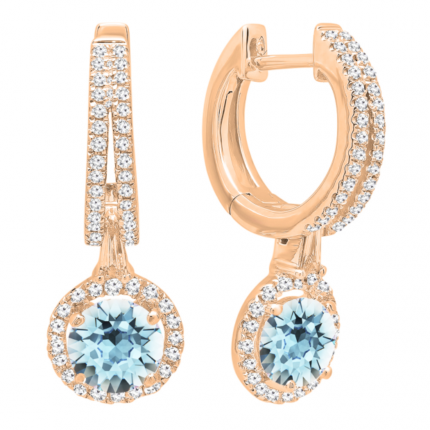 10K Rose Gold 5.5 MM Each Round Cut Aquamarine & White Diamond Ladies Halo Dangling Drop Earrings