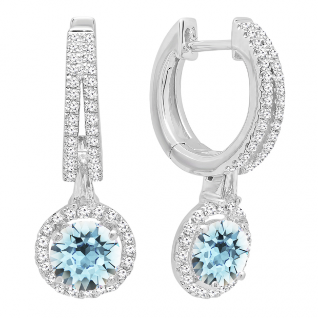 10K White Gold 5.5 MM Each Round Cut Aquamarine & White Diamond Ladies Halo Dangling Drop Earrings