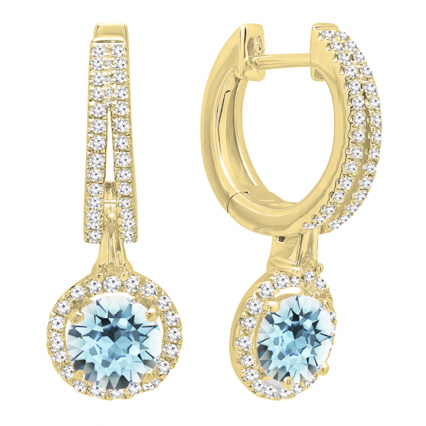 10K Yellow Gold 5.5 MM Each Round Cut Aquamarine & White Diamond Ladies Halo Dangling Drop Earrings