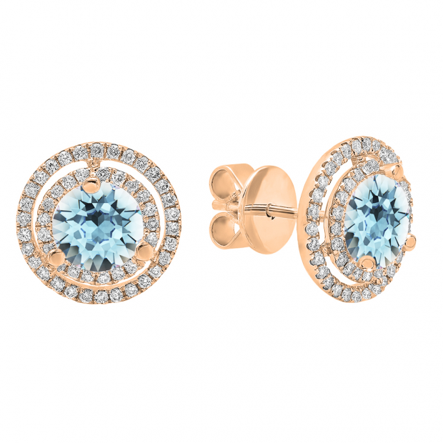 18K Rose Gold 6 MM Each Round Cut Aquamarine & White Diamond Ladies Double Halo Stud Earrings