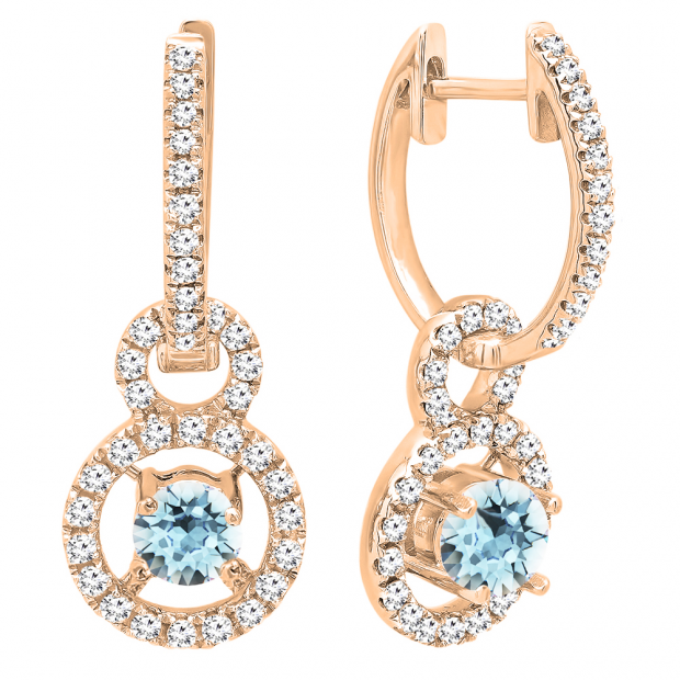 10K Rose Gold 4.5 MM Round Cut Aquamarine & White Diamond Ladies Halo Style Dangling Drop Earrings