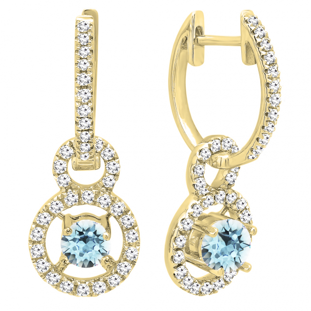 10K Yellow Gold 4.5 MM Round Cut Aquamarine & White Diamond Ladies Halo Style Dangling Drop Earrings