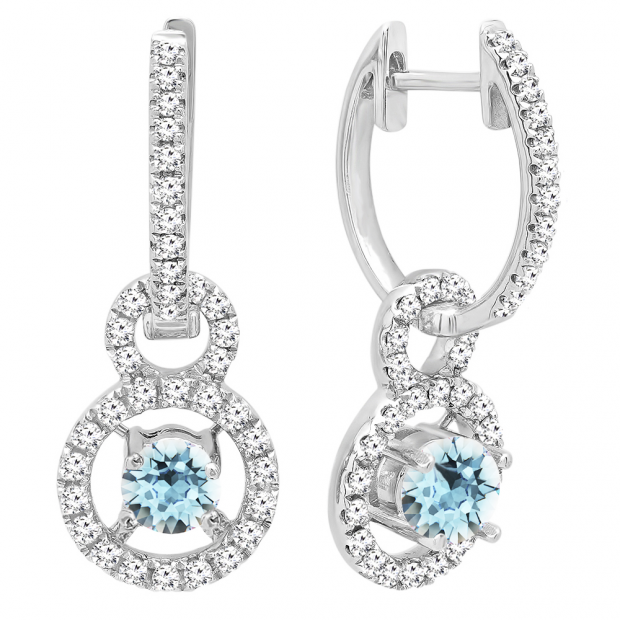 18K White Gold 4.5 MM Round Cut Aquamarine & White Diamond Ladies Halo Style Dangling Drop Earrings