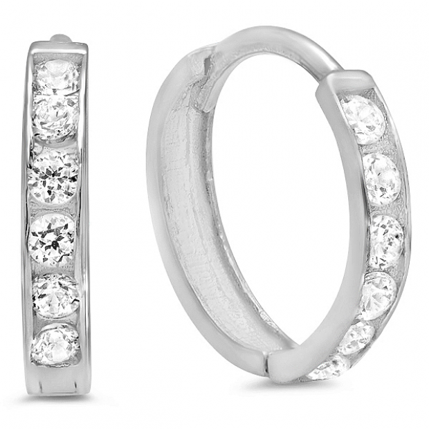 14k White Gold Round Cut White Cubic Zirconia CZ Ladies Huggie Hoop Earrings (1.8 mm Width x 10 mm Length)