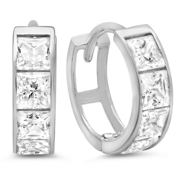 14k White Gold Princess Cut White Cubic Zirconia CZ Ladies Huggie Hoop Earrings (3.4 mm Width x 10.5 mm Length)