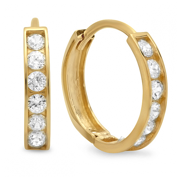 14K Yellow Gold Round Cut White Cubic Zirconia CZ Ladies Huggie Hoop Earrings (2.3 mm Width x 12 mm Length)
