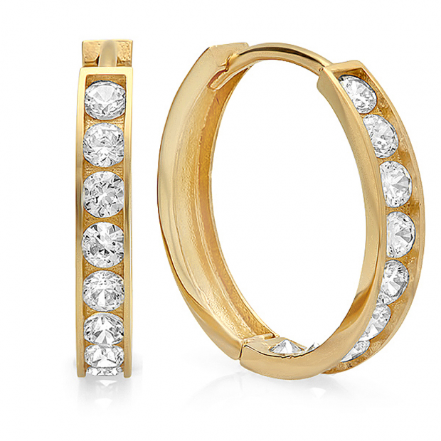 14k Yellow Gold Round Cut White Cubic Zirconia CZ Ladies Huggie Hoop Earrings (2.6 mm Width x 14.5 mm Length)
