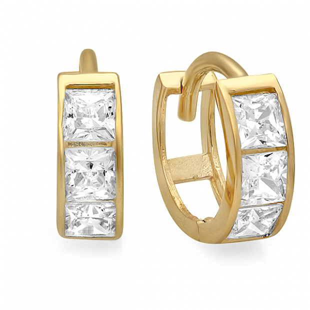 14k Yellow Gold Princess Cut White Cubic Zirconia CZ Ladies Huggie Hoop Earrings (3 mm Width x 8 mm Length)