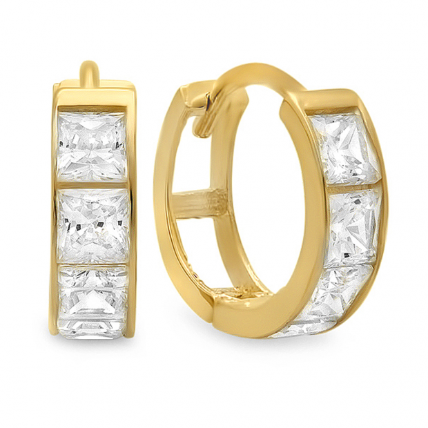 14k Yellow Gold Princess Cut White Cubic Zirconia CZ Ladies Huggie Hoop Earrings (3.4 mm Width x 10.5 mm Length)
