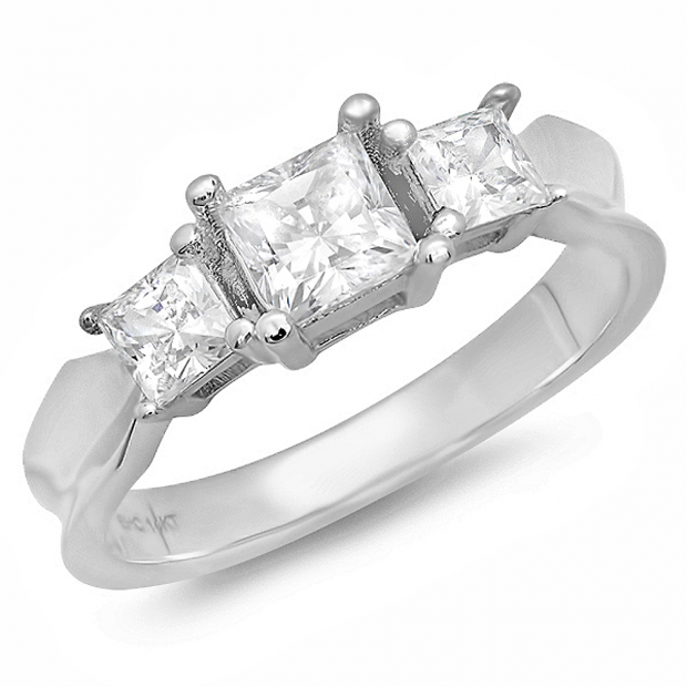 1.00 Carat (ctw) 14K White Gold Princess Cubic Zirconia Three Stone Ladies Engagement Ring (Size 7)