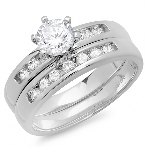 1.25 Carat (ctw) 14K White Gold Round Cubic Zirconia Ladies Engagement Ring with Matching Wedding Band (Size 7)