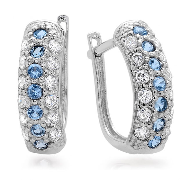 14K White Gold Blue Topaz and White Round White CZ Cubic Zirconia Ladies Huggie Hoop Earrings