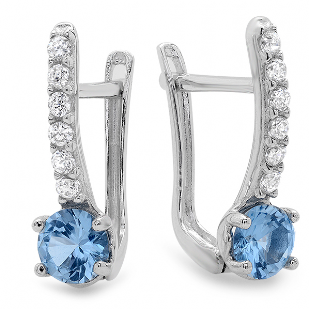 14K White Gold Blue Topaz & White Round White CZ Cubic Zirconia Ladies Flower Design Huggie Hoop Earrings