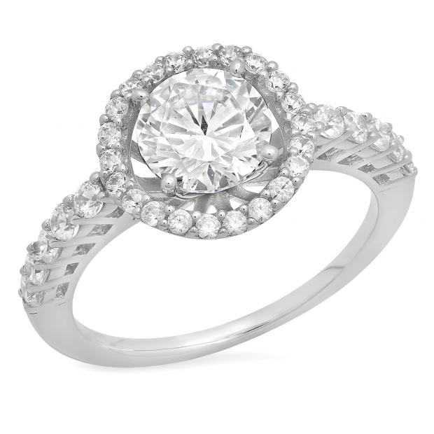 2.15 Carat (ctw) 14K White Gold Round White Cubic Zirconia CZ Ladies Halo Style Wedding Bridal Engagement Ring 2 CT