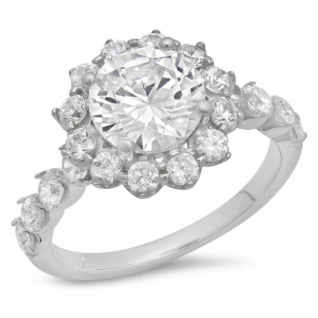 3.32 Carat (ctw) 14K White Gold Round Cut White Cubic Zirconia CZ Ladies Halo Style Bridal Engagement Ring