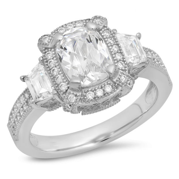 3.40 Carat (ctw) 14K White Gold Oval Baguette & Round Cut White Cubic zirconia Ladies Bridal 3 Stone Engagement Ring