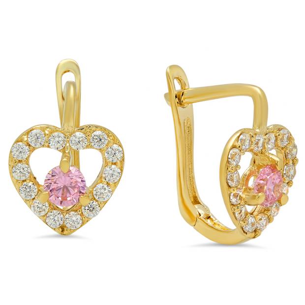 0.22 Carat (ctw) 14K Yellow Gold Round Cut Pink & White Cubic Zirconia Ladies Heart Shaped Hoop Earrings
