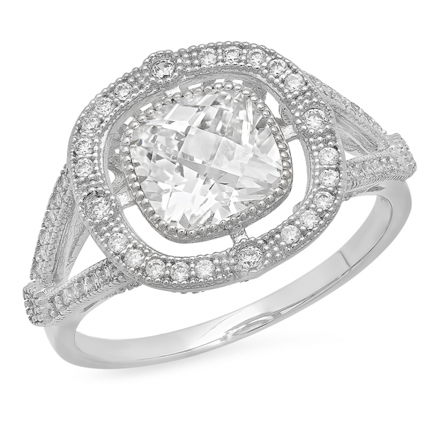 1.75 Carat (Ctw) 14K White Gold Cushion & Round White Cubic Zirconia CZ Ladies Bridal Milgrain Halo Split Shank Engagement Ring