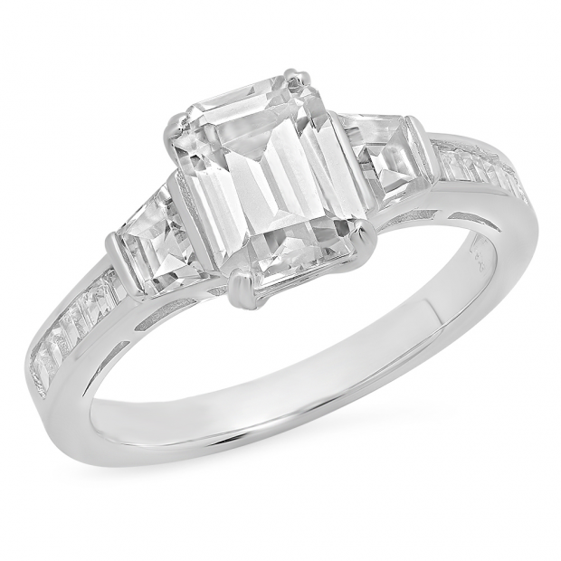 1.75 Carat (Ctw) 14K White Gold Emerald Tapered & Baguette Cut White Cubic Zirconia CZ Ladies Bridal Engagement Ring