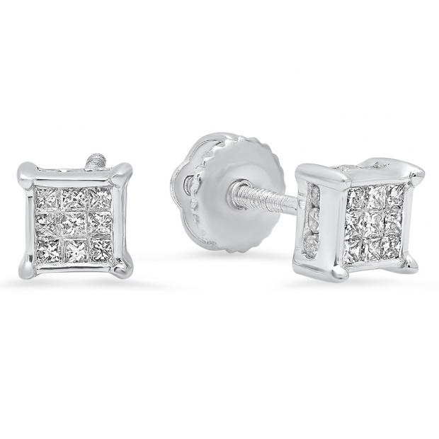 0.25 Carat (ctw) 14K White Gold Round & Princess Cut White Diamond Ladies Kite Shape Earrings 1/4 CT