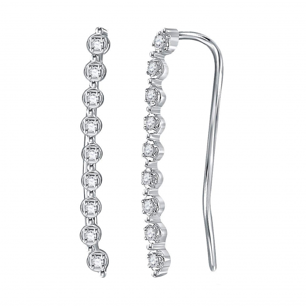 0.05 Carat (ctw) 10K White Gold Round Cut White Diamond Ladies Crawler Curved Climber Earrings