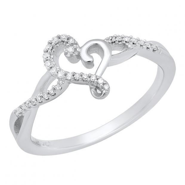 0.08 Carat (ctw) 10K White Gold Round Diamond Ladies Crossover Heart Promise Engagement Ring