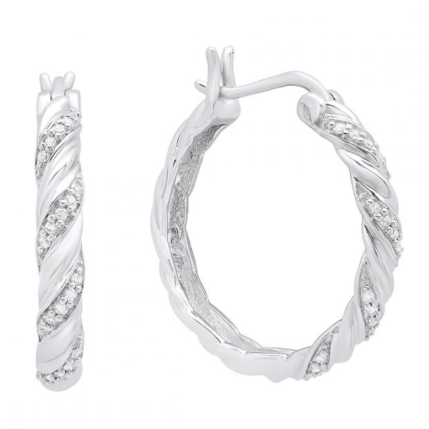 0.10 Carat (ctw) 10K White Gold Round White Round Diamond Ladies Hoop Earrings 1/10 CT