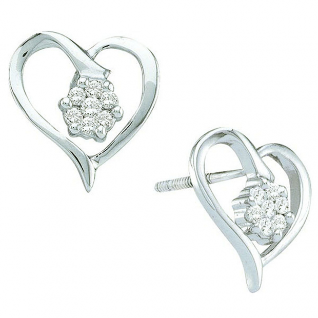0.15 Carat (ctw) 10k White Gold Round Diamond Ladies Cluster Flower Heart Shape Earrings